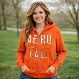 Aeropostale Orange Zip-Up Hoodie Sweatshirt Medium